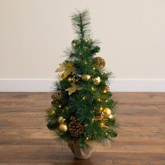 Nearly Natural 3ft. Pre-Lit Artificial Christmas Tree with Gold Ornaments & Pinecones in Jute Wrapped Base, Warm Lights